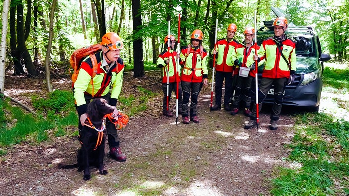 Jan-Dirk Hubbert und seine Kollegen der Kadaversuchhundeinheit im Wald. Hubbert hält Hündin Wirpi leicht gebückt am Geschirr fest.