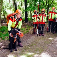 Jan-Dirk Hubbert und seine Kollegen der Kadaversuchhundeinheit im Wald. Hubbert hält Hündin Wirpi leicht gebückt am Geschirr fest.