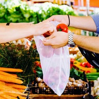 Die Arme zweier Personen vor der Kulisse eines Markstands mit verschiedenem Gemüse. Eine Person hält ein Mehrwegnetz auf, in das die andere Tomaten hineinlegt.