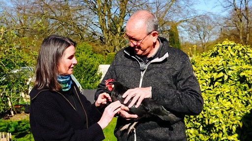 Eine Frau und ein Mann streicheln ein Huhn, das der Mann auf dem Arm hält.