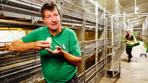 Burkhard Brinkschulte steht in einem Stall, hält ein Küken in der Hand und spricht in die Kamera.