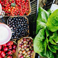 Ein gefüllter Korb mit frischen Lebensmittel. Darunter Johannisbeeren, Stachelbeeren, Kirschen, Salat und frischer Honig.