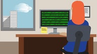 Eine Grafik von einer Frau, die in einem Büro vor ihrem PC sitzt.