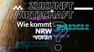 Sprühende Funken und ein Mann mit Arbeitshelm, dazu Schrift: Zukunft Wirtschaft - wie kommt NRW voran? 