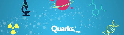 Naturwissenschaftssymbole auf blauem Untergrund, darin der Schriftzug Quarks/WDR 